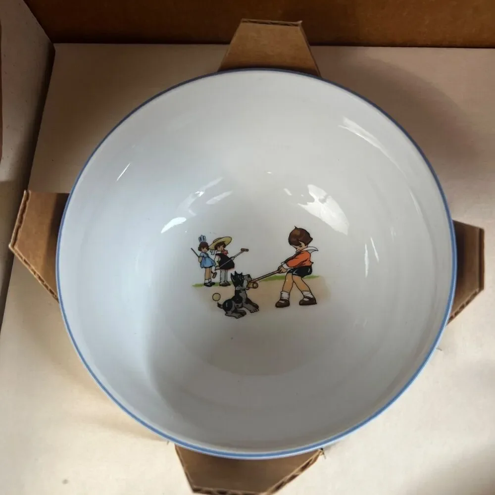 NIB Pier 1 Imports Children Playing Games Croquet Dog Complete Plate Bowl Cup Se